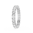 Silver ring with embedded diamonds on a white background