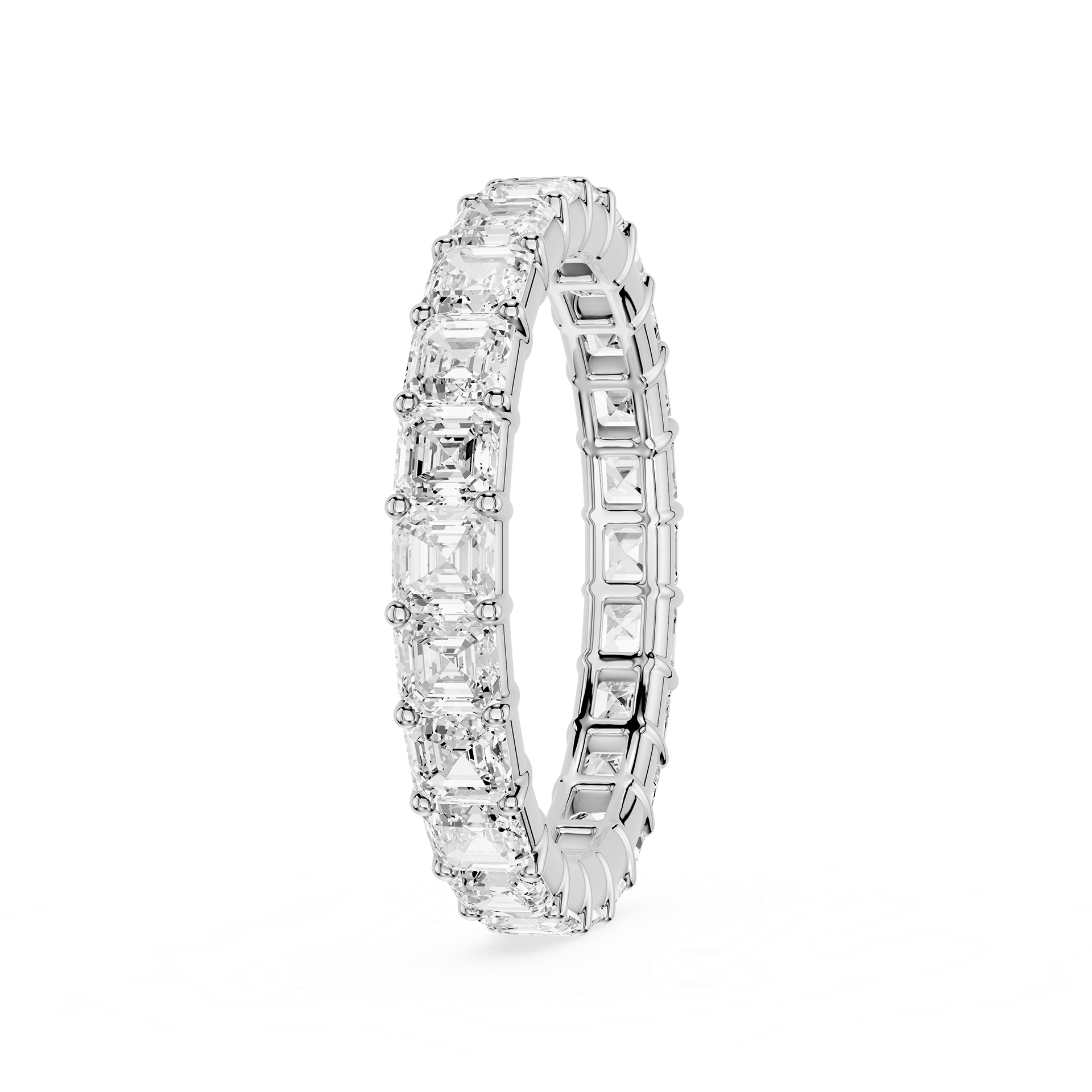 Silver ring with embedded diamonds on a white background