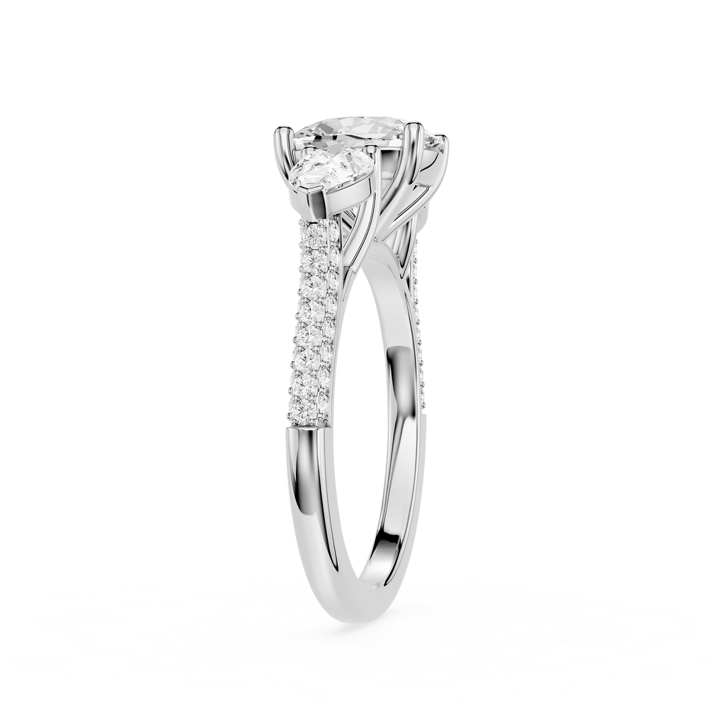 Diamond ring with a white gemstone on a white background