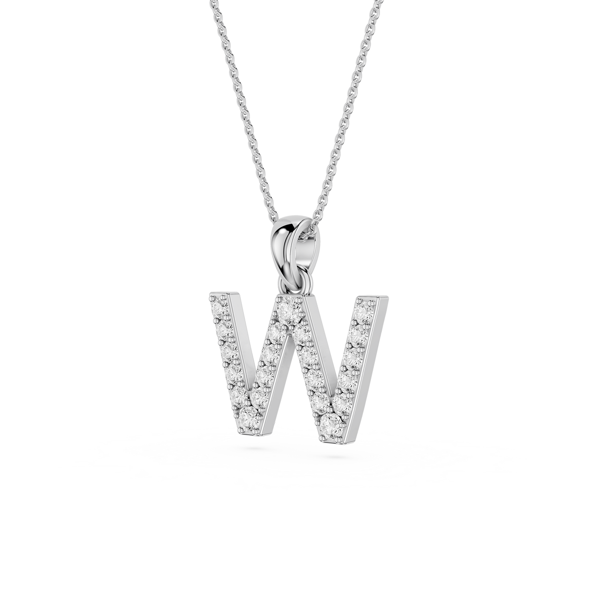 Silver necklace with a 'W' pendant on a white background