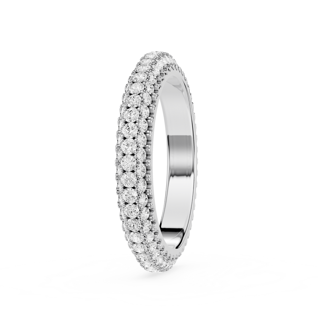 Silver ring with diamond accents on a white background