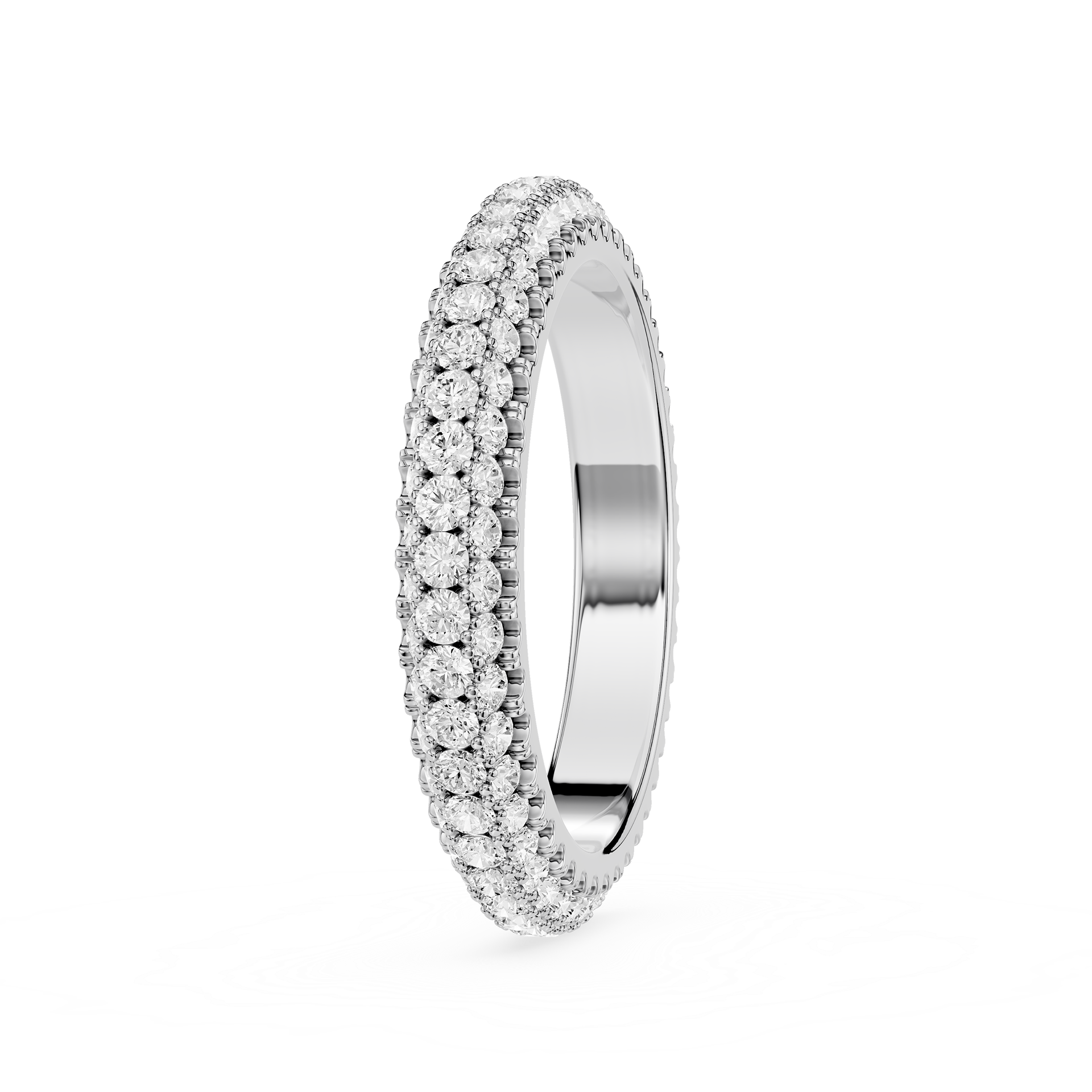 Silver ring with diamond accents on a white background