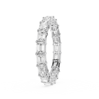 A silver-toned eternity band ring featuring a continuous row of baguette-cut clear gemstones, shown on a plain white background.