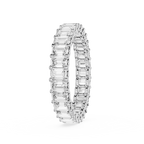 A silver-toned eternity ring featuring a continuous row of baguette-cut clear gemstones, shown on a clean white background.