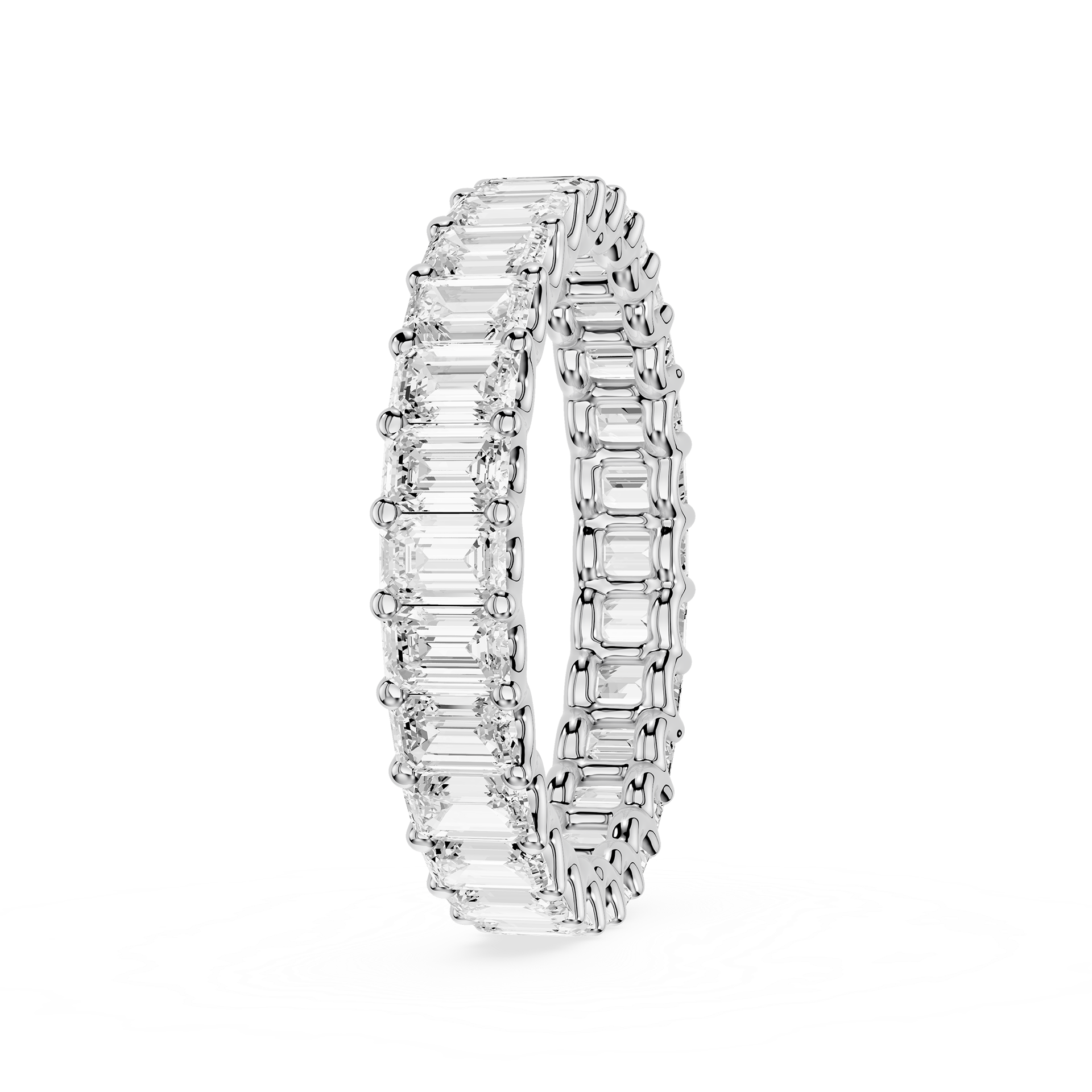 A silver-toned eternity ring featuring a continuous row of baguette-cut clear gemstones, shown on a clean white background.