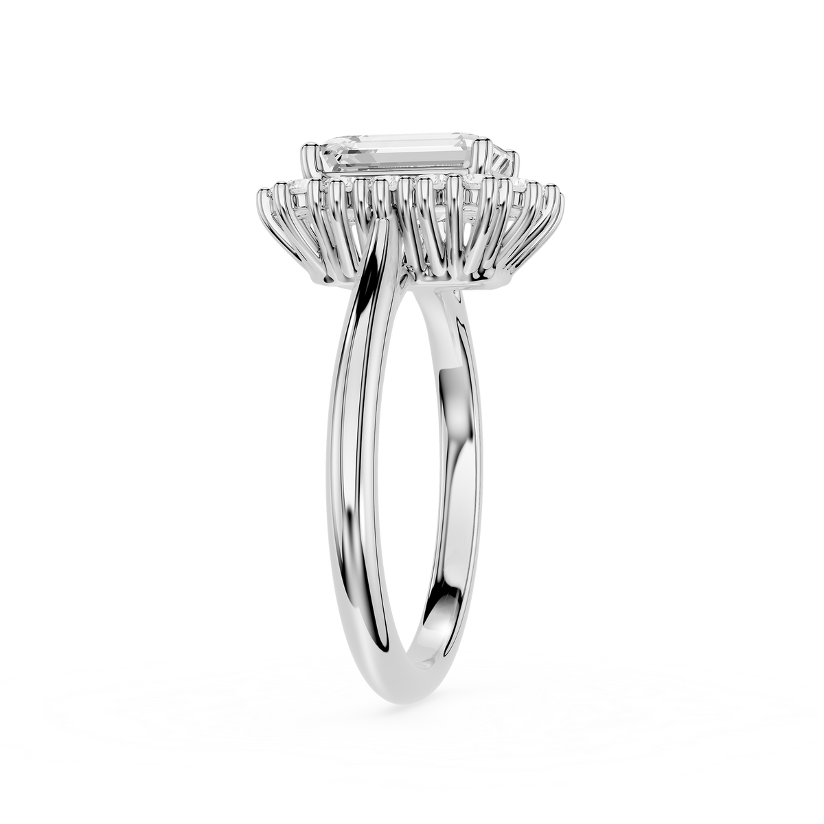 White Gold Halo Engagement Ring Featuring Emerald Shape Lab Created Diamond Center