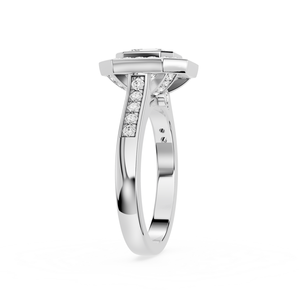 Silver ring with diamond accents on a white background