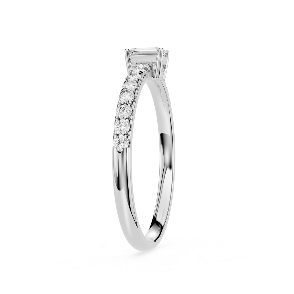 Silver ring with diamond accents on a white background
