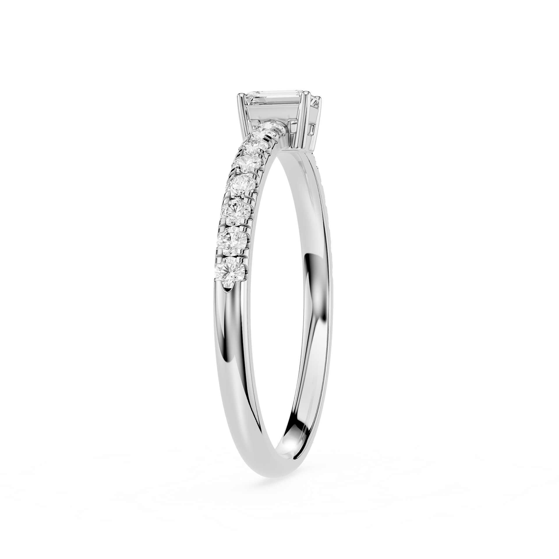 Silver ring with diamond accents on a white background