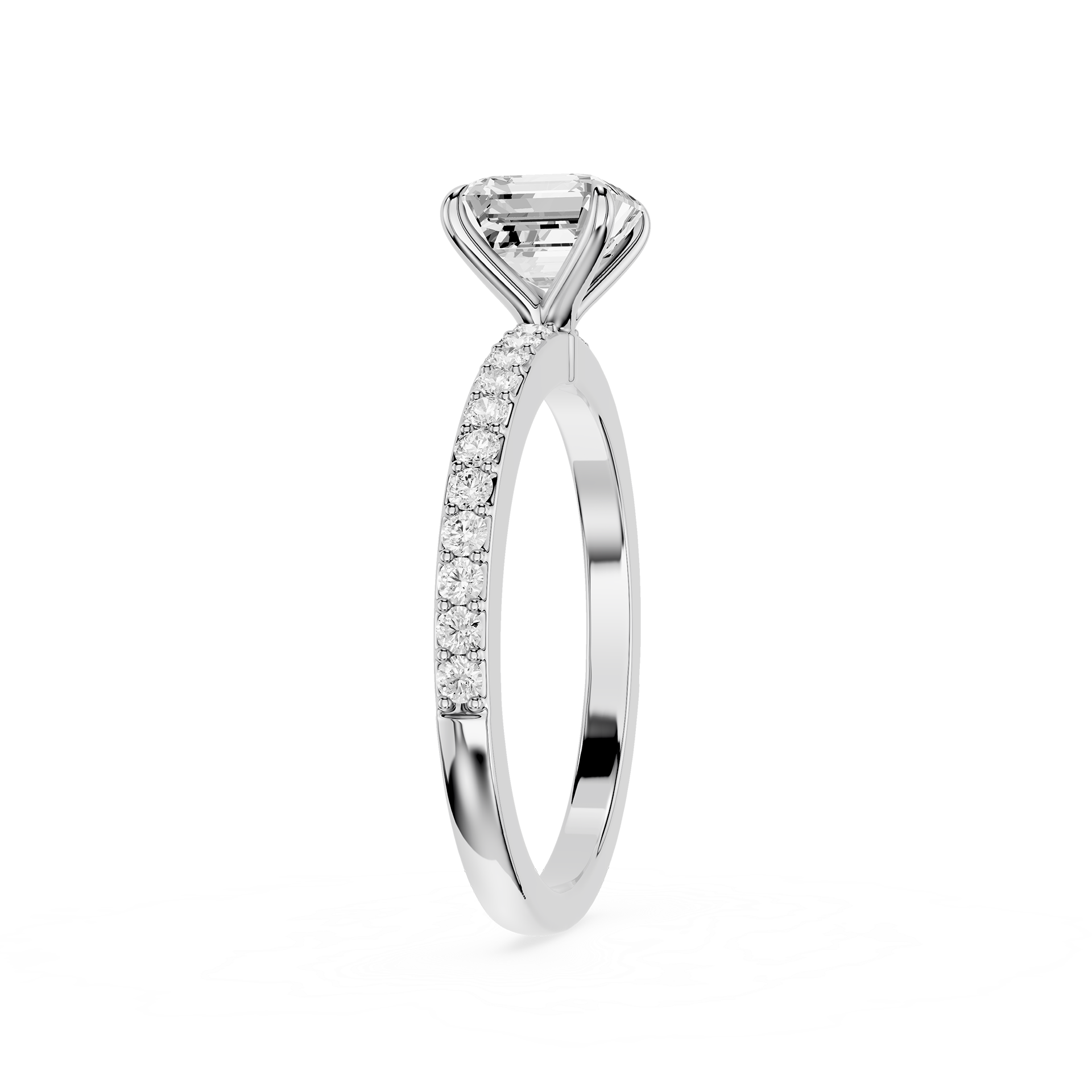 A silver-tone diamond ring with a large emerald-cut center stone and a pavé-set diamond band, shown on a plain white background.