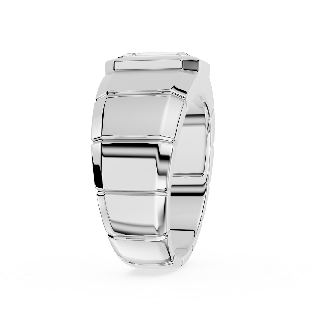 Silver ring with geometric design on a white background