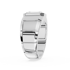 Silver ring with geometric design on a white background