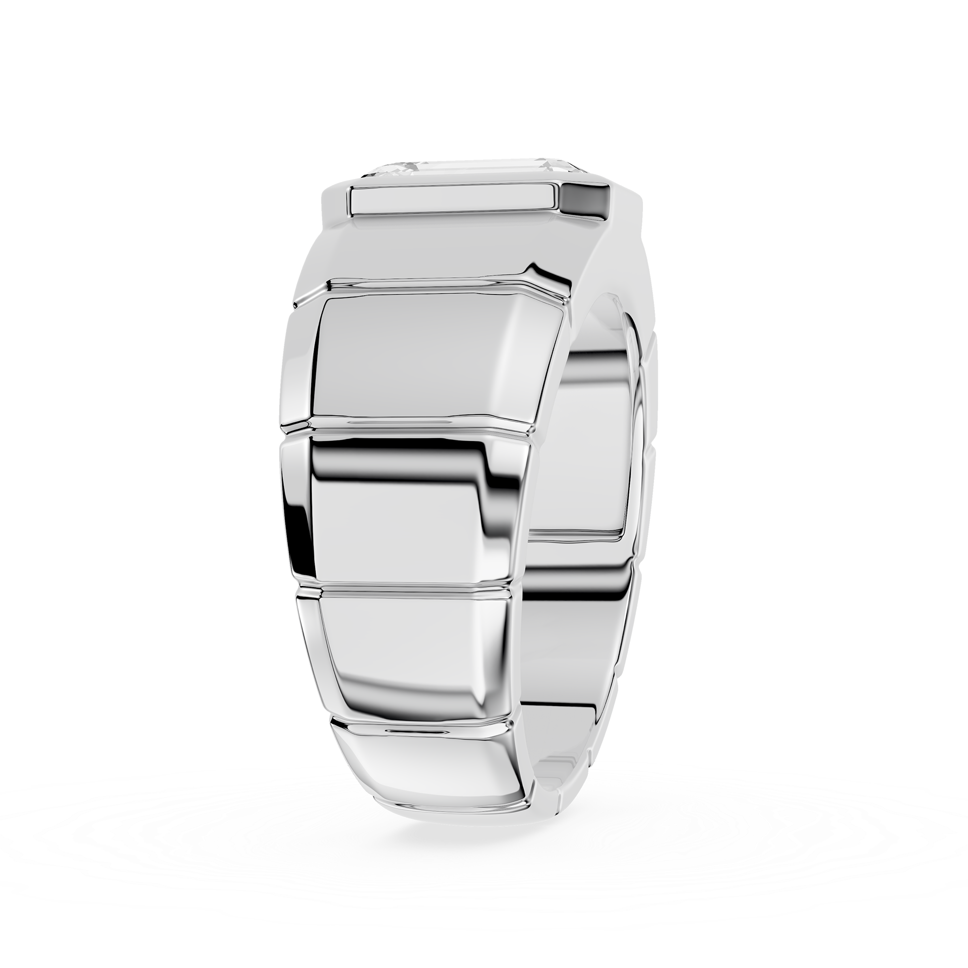 Silver ring with geometric design on a white background