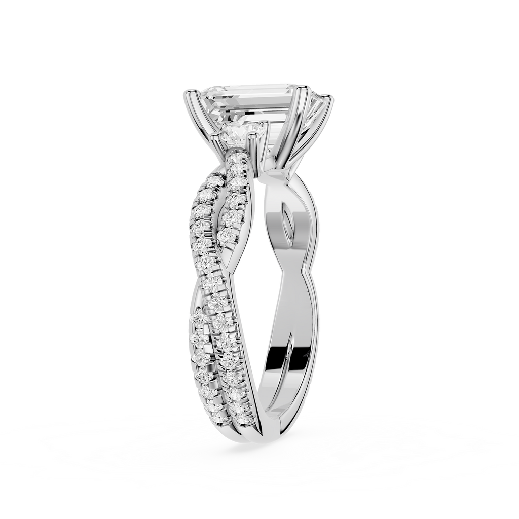 Silver ring with diamond accents on a white background