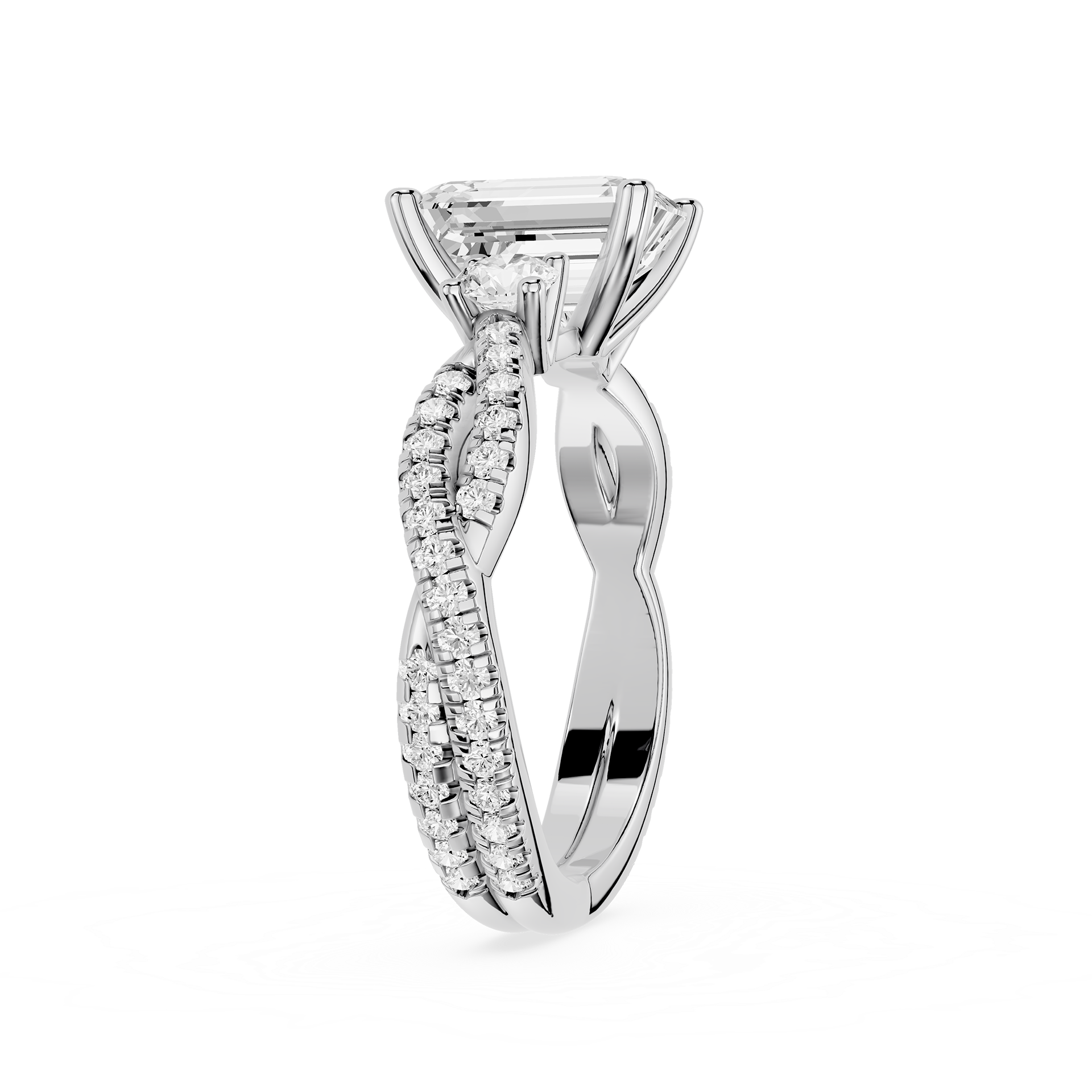 Silver ring with diamond accents on a white background