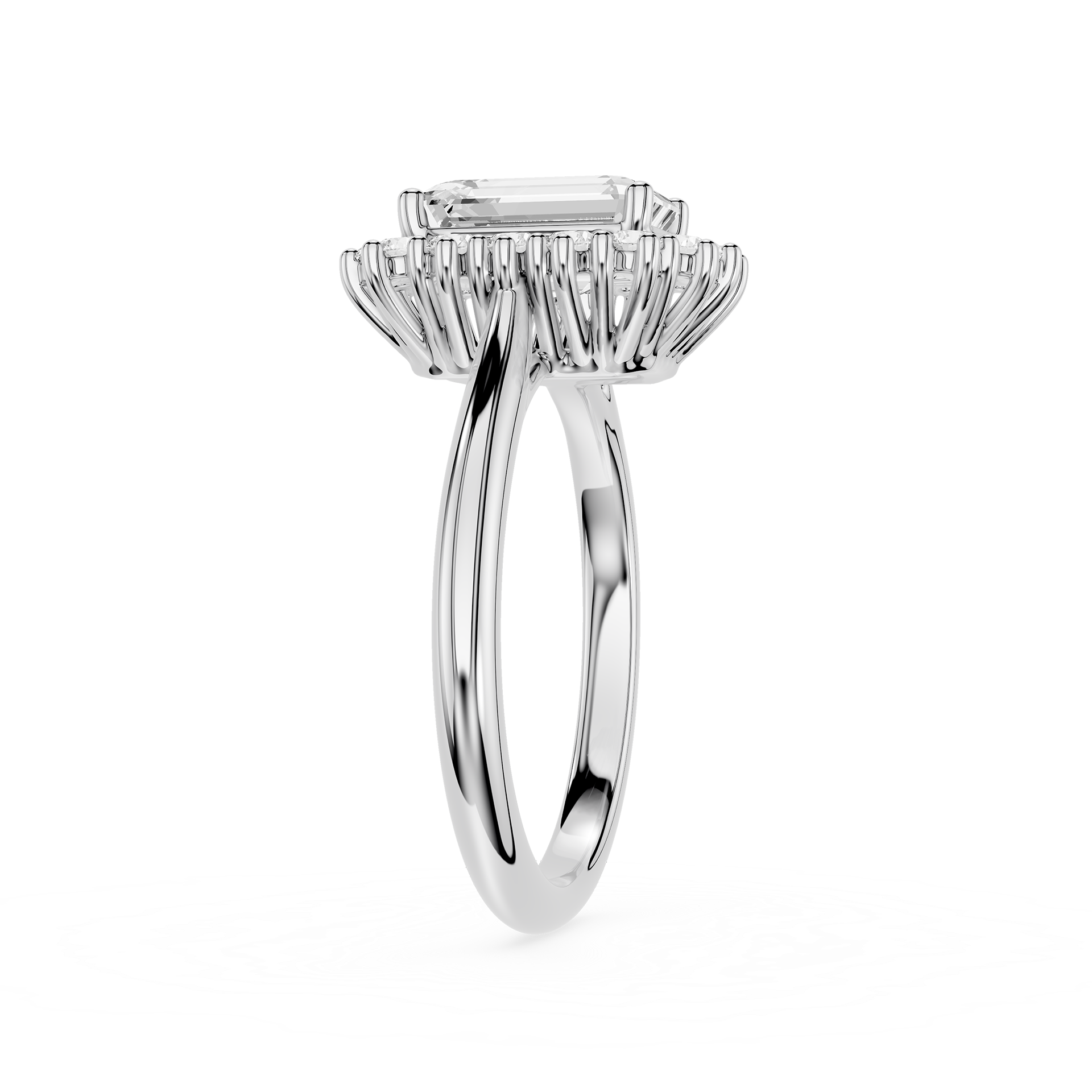 A silver-toned halo ring featuring a rectangular emerald-cut center stone and a surrounding cluster of smaller stones, shown on a plain white background.