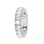 Silver ring with embedded diamonds on a white background