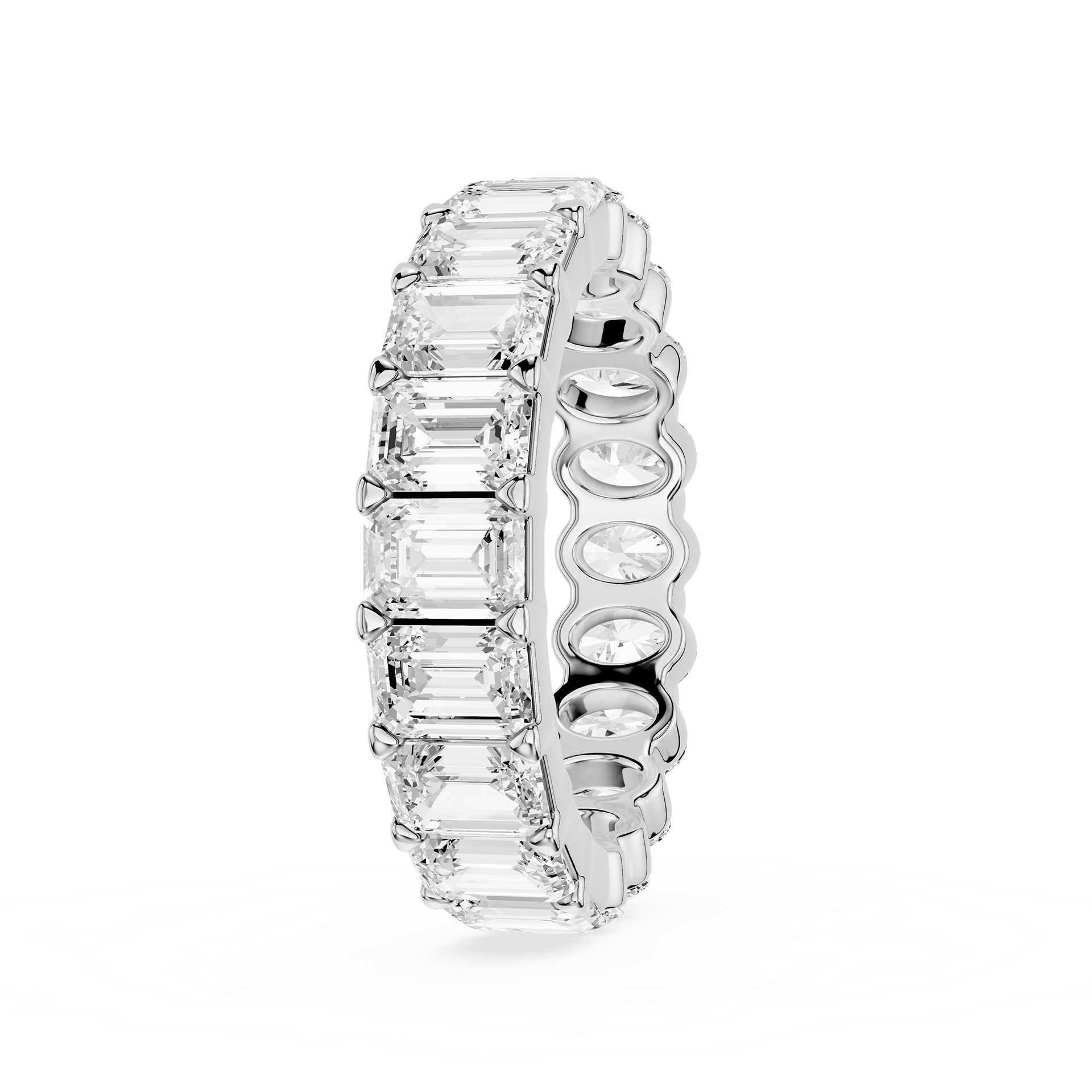 Silver ring with embedded diamonds on a white background