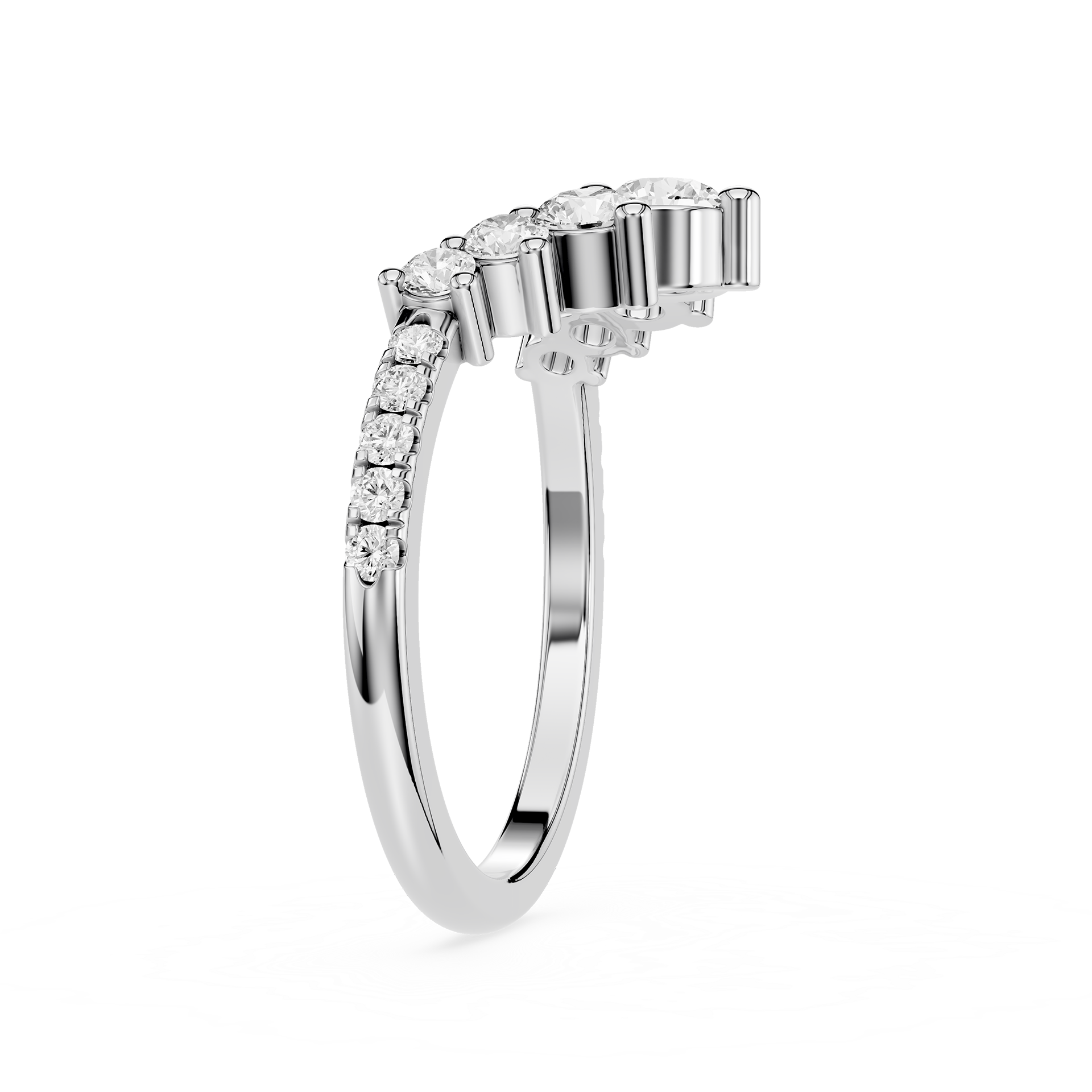 Silver ring with diamond accents on a white background