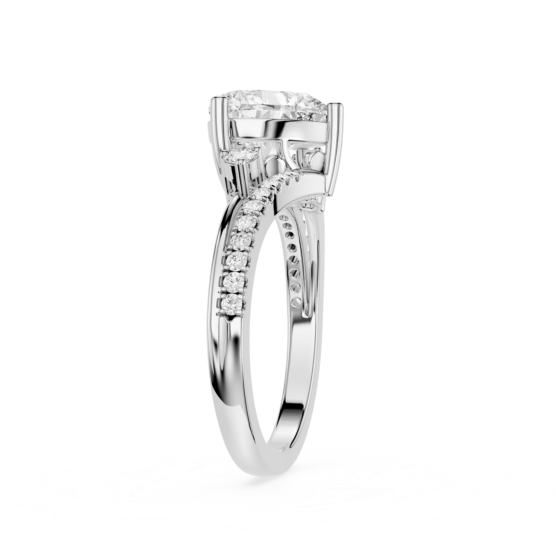 A silver-toned diamond ring with a round-cut center stone and a pavé band, shown on a clean white background.
