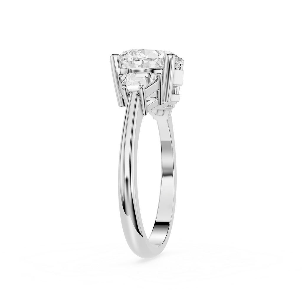 Diamond ring with a white gold band on a white background