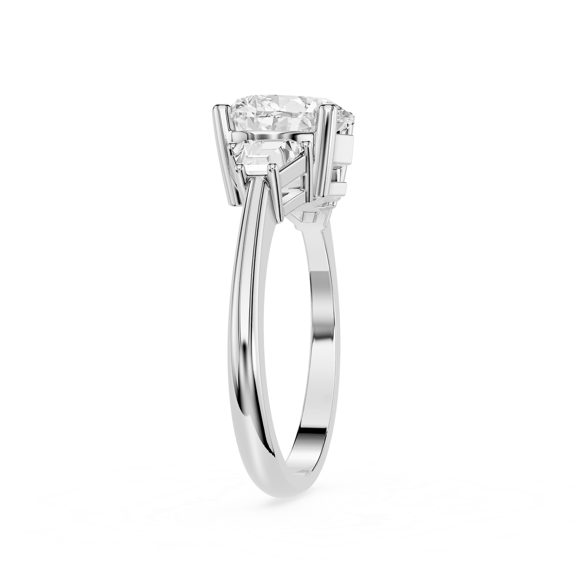 Diamond ring with a white gold band on a white background