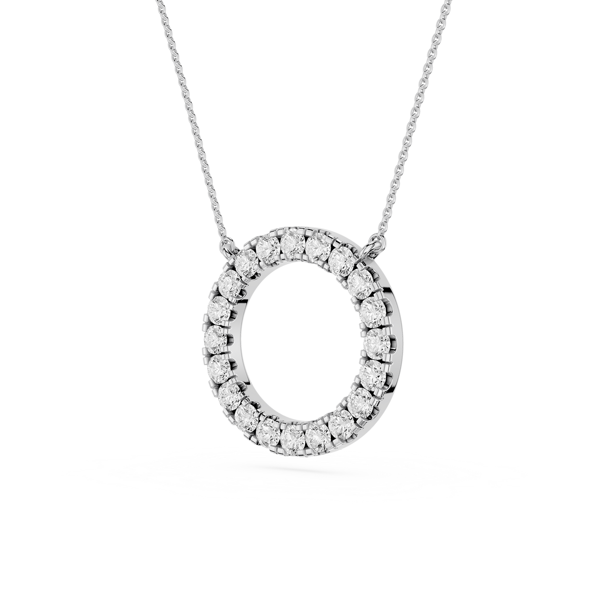 Diamond necklace with a circular pendant on a white background