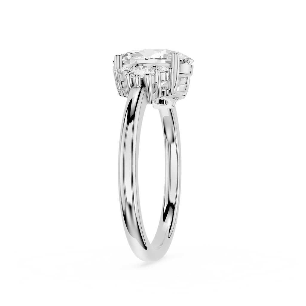 Diamond ring with a rectangular cut gemstone on a white background