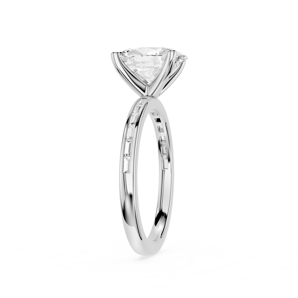A silver solitaire engagement ring featuring a triangular-cut clear gemstone in a four-prong setting, with a polished band accented by small pavé-set round diamonds, shown on a plain white background.