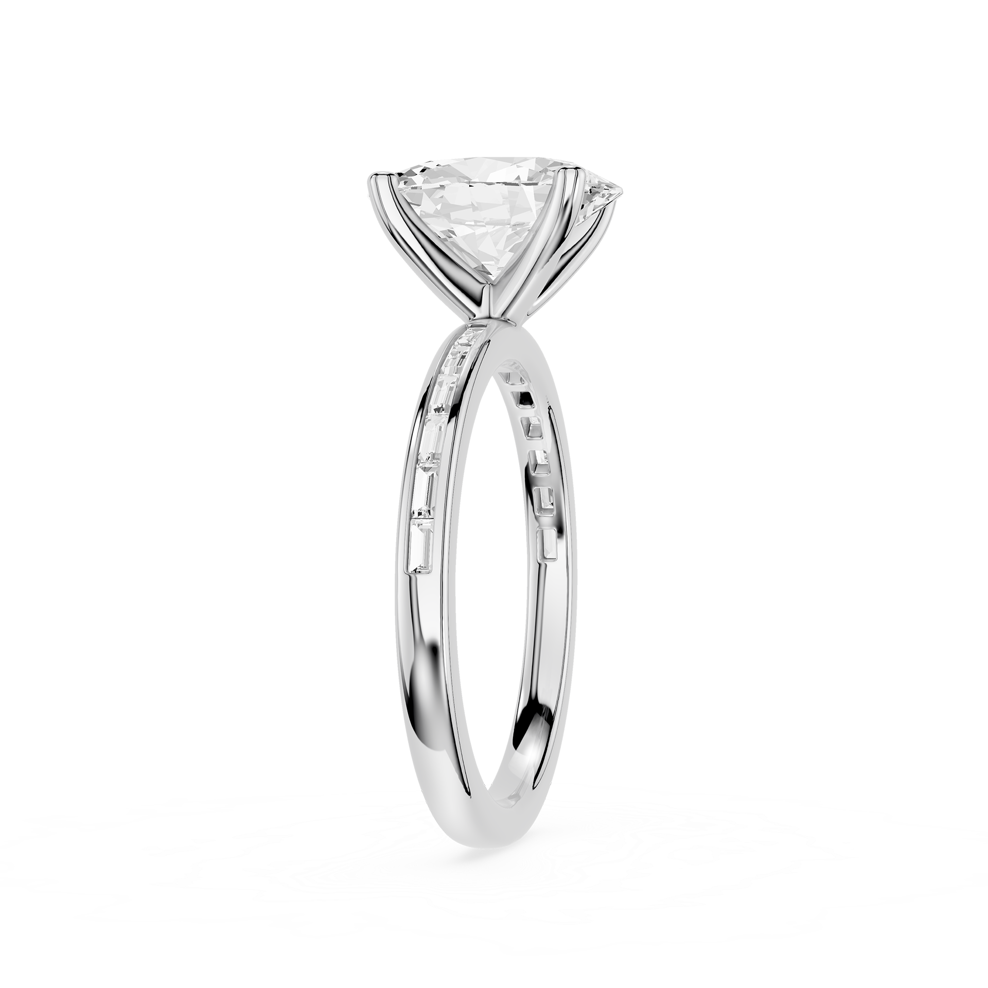 A silver solitaire engagement ring featuring a triangular-cut clear gemstone in a four-prong setting, with a polished band accented by small pavé-set round diamonds, shown on a plain white background.