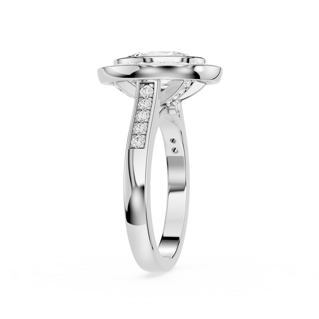 Silver ring with diamond accents on a white background