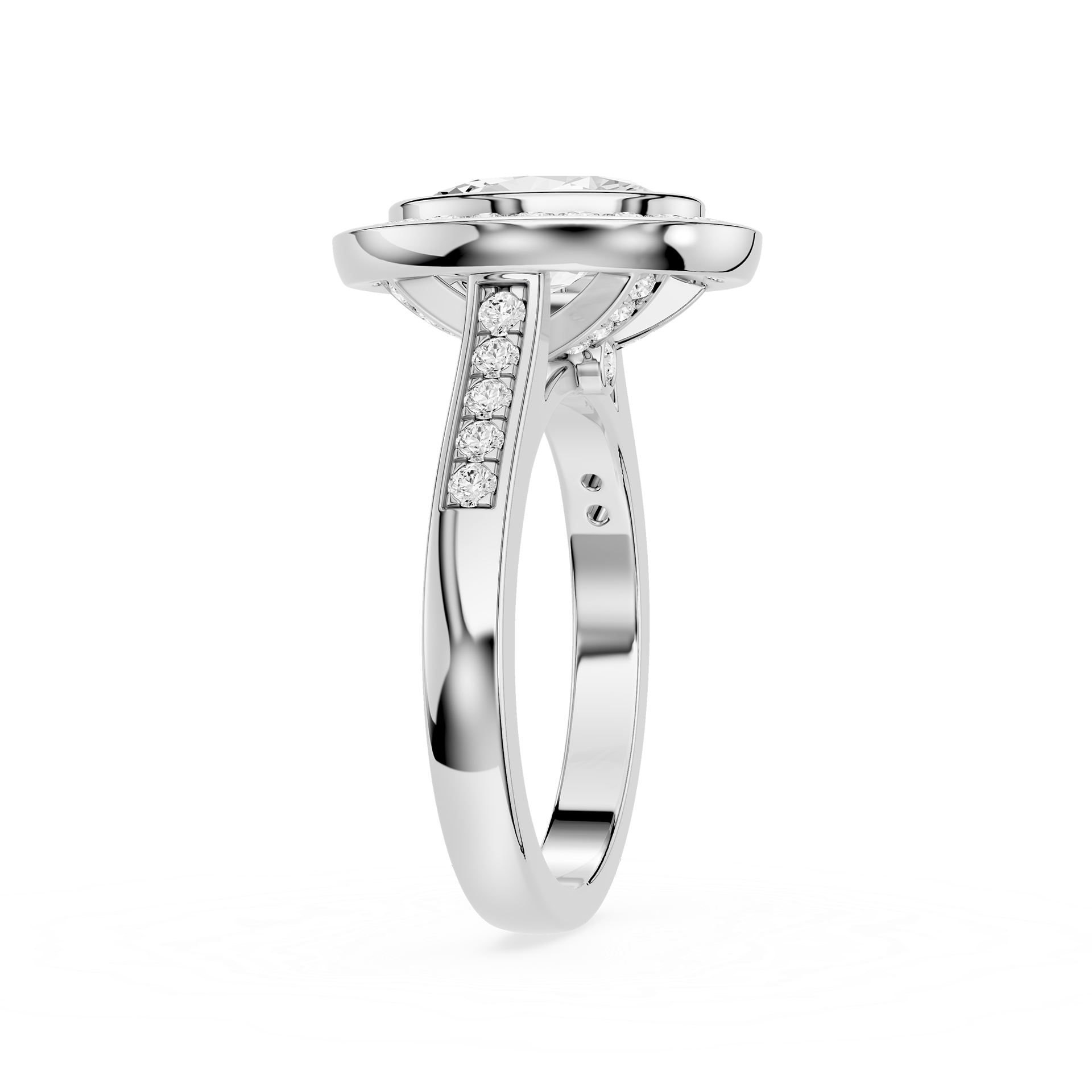 Silver ring with diamond accents on a white background