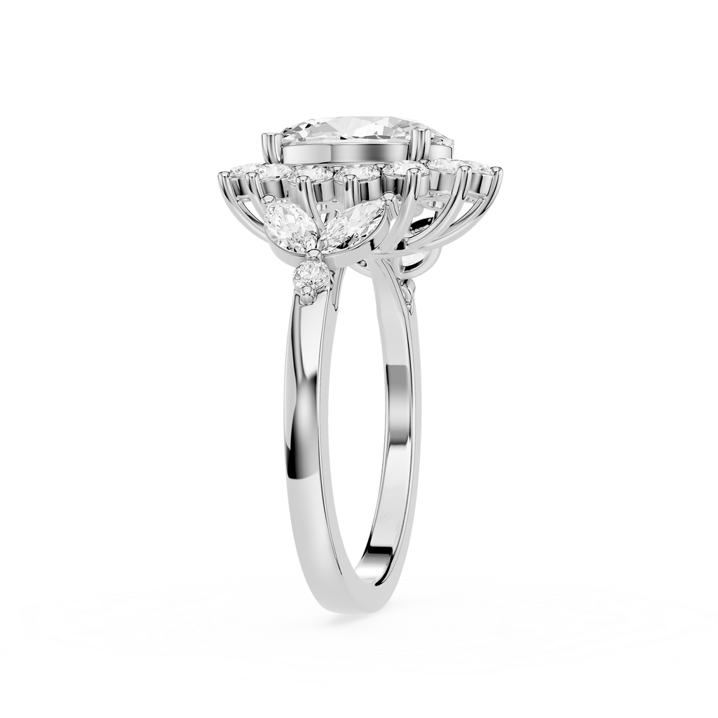 A silver-toned diamond ring with a large round-cut center stone and a surrounding halo of smaller diamonds, shown on a clean white background.
