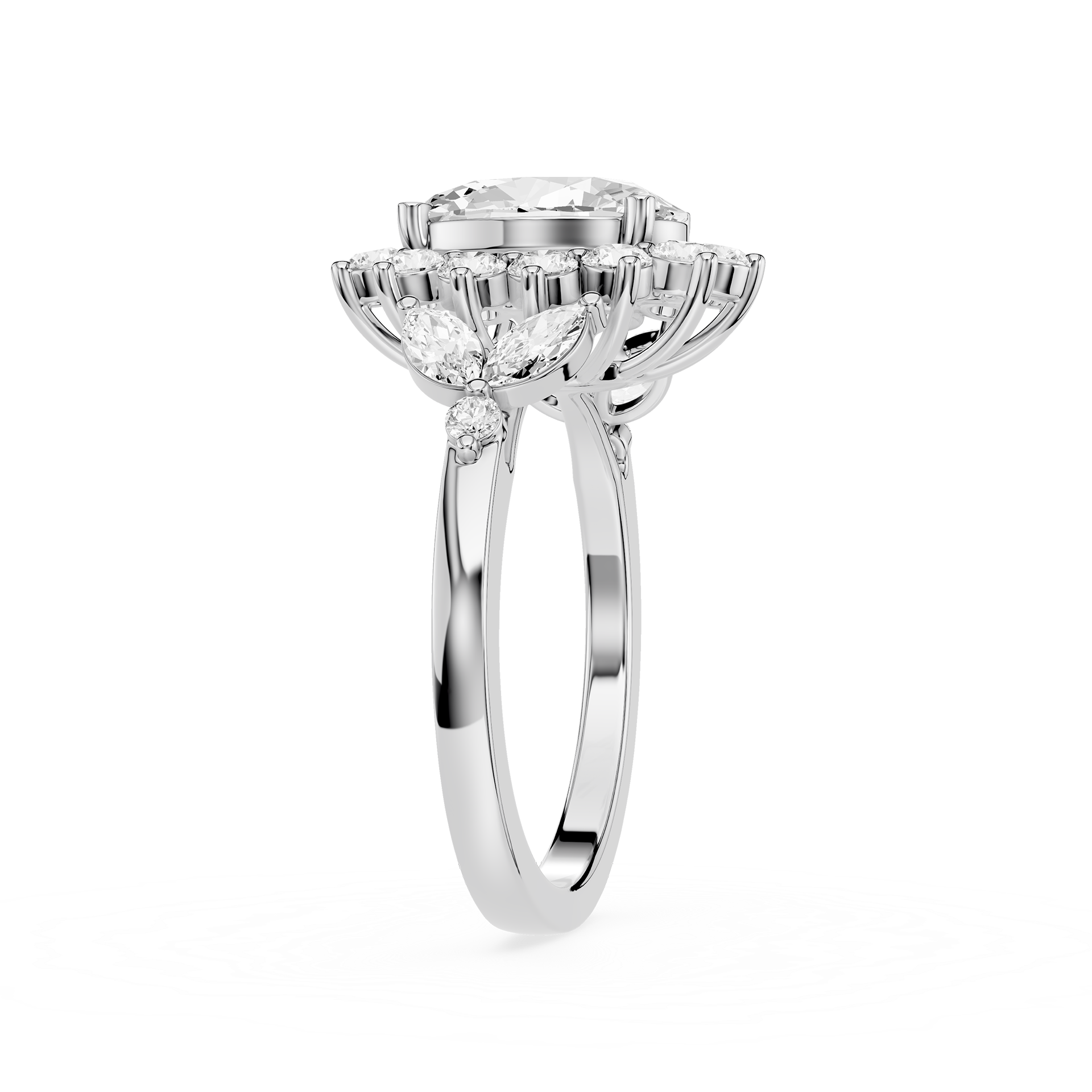 A silver-toned diamond ring with a large round-cut center stone and a surrounding halo of smaller diamonds, shown on a clean white background.