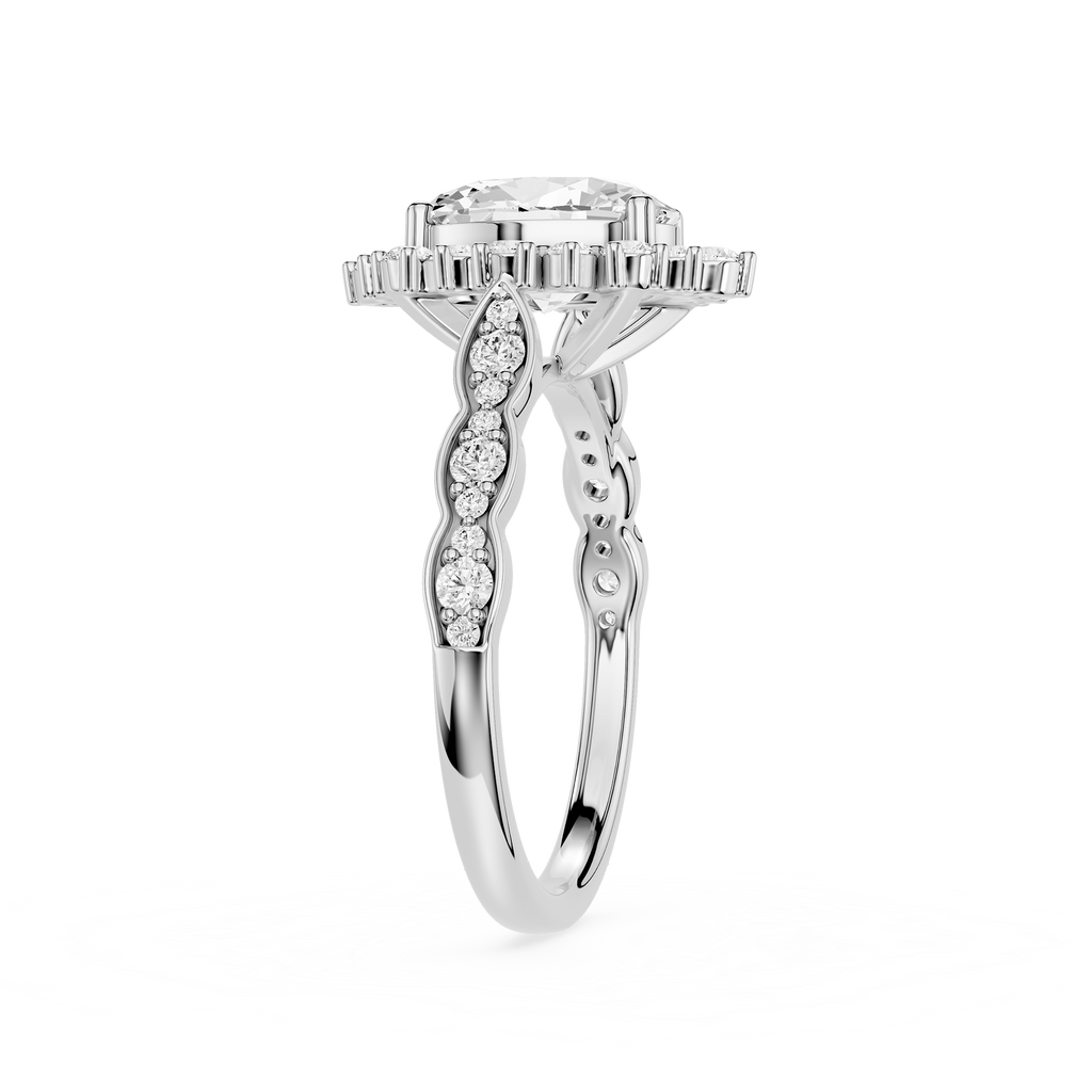 Silver ring with diamond accents on a white background