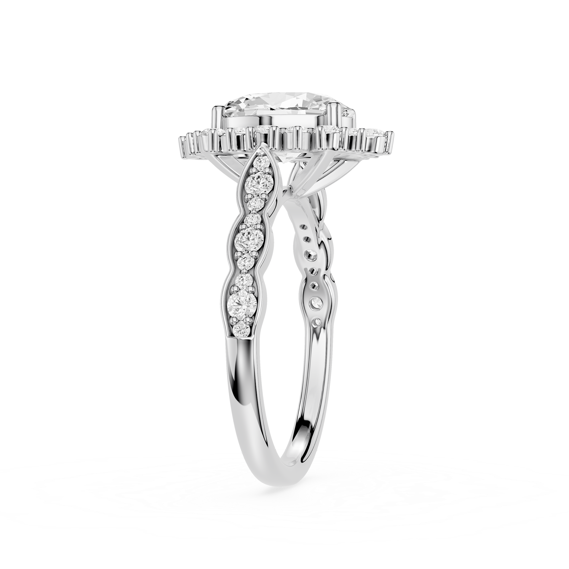 Silver ring with diamond accents on a white background