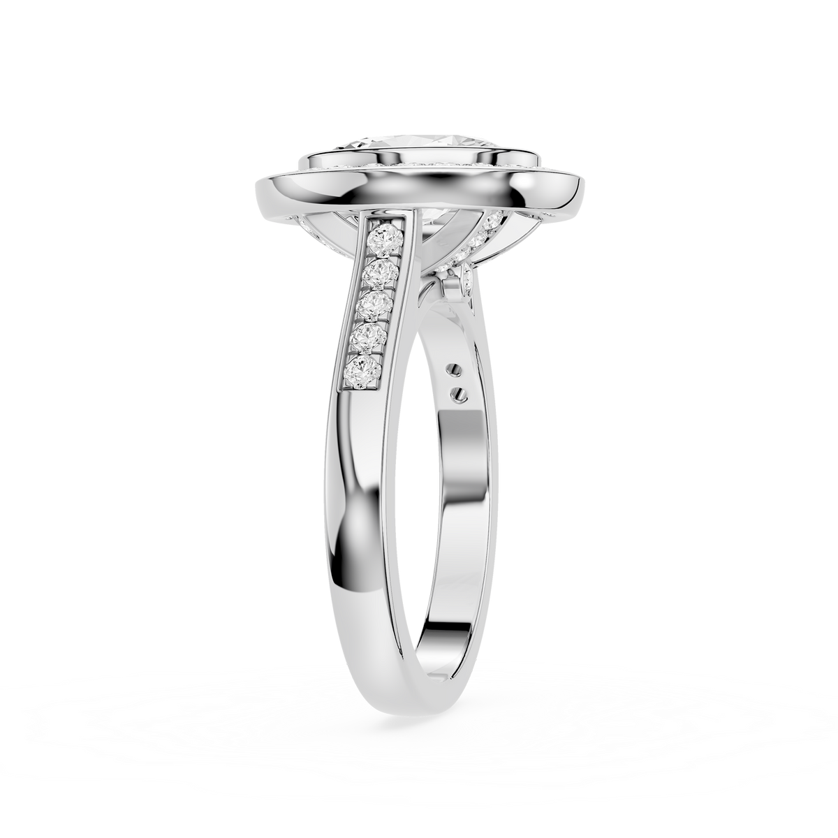 Side View OF White Gold Oval Cut Lab Grown Diamond Halo Bezel Engagement Ring