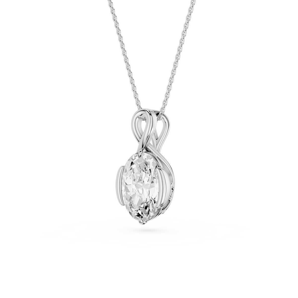 Silver pendant necklace with a clear gemstone on a white background