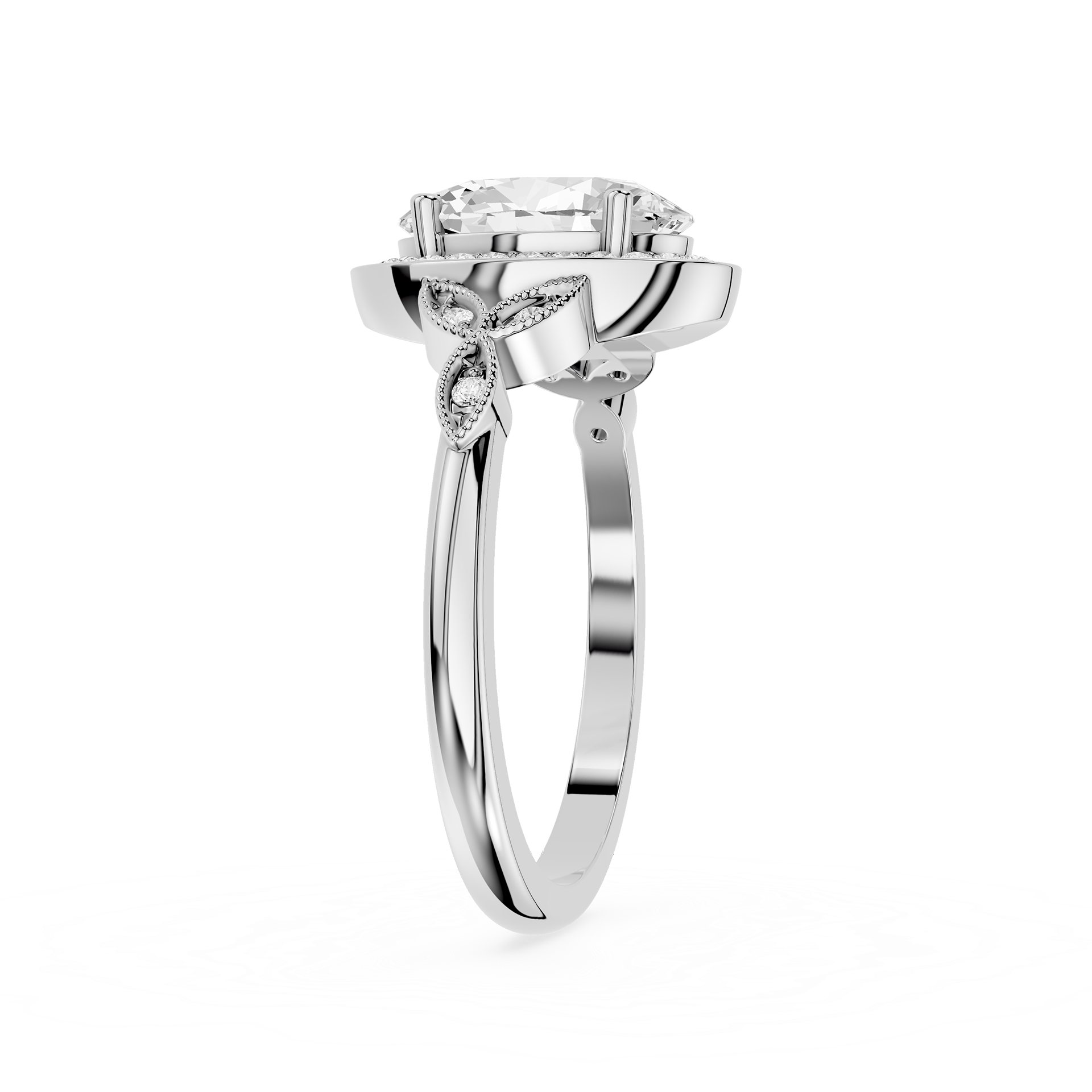 Silver ring with a diamond on a white background