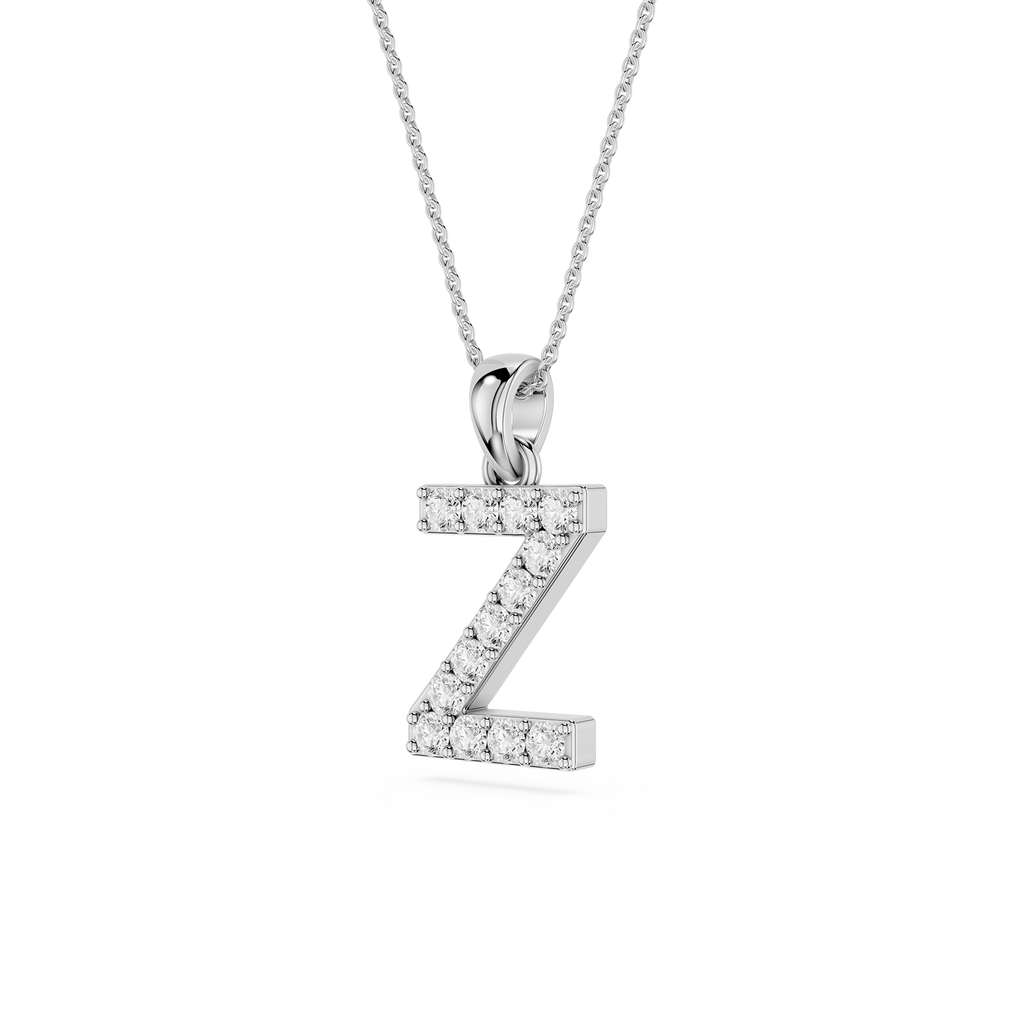 Diamond-studded letter 'Z' pendant on a chain against a white background