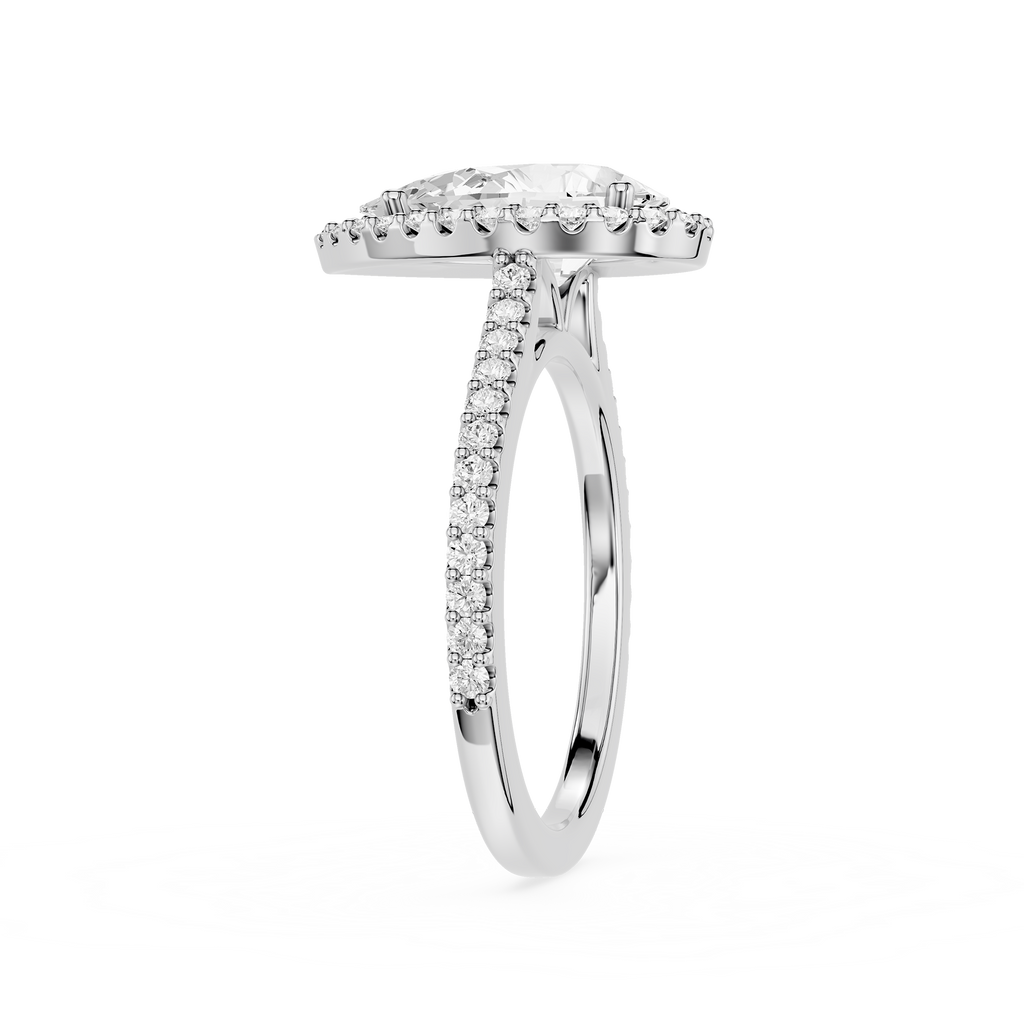 Diamond ring with a central stone and smaller stones on a white background