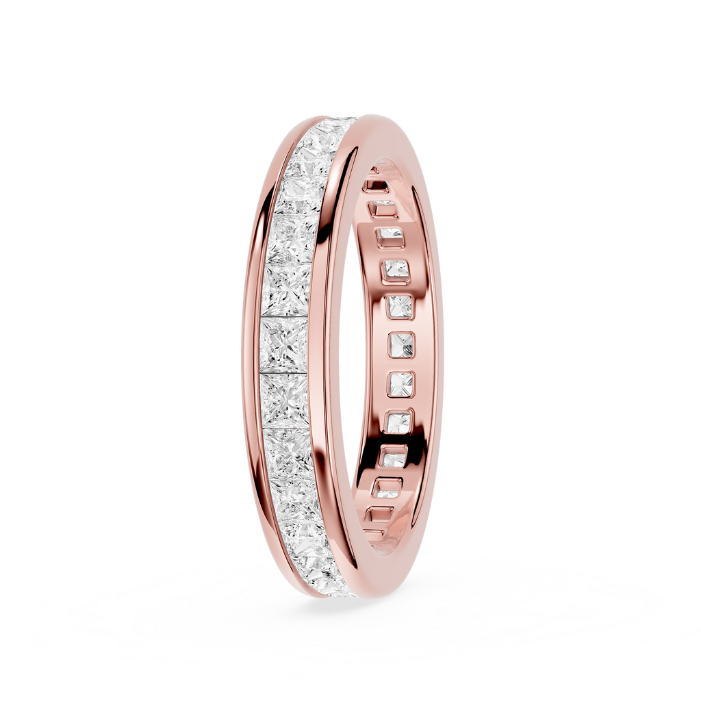 Rose gold ring with diamond accents on a white background