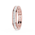 Rose gold ring with diamond accents on a white background
