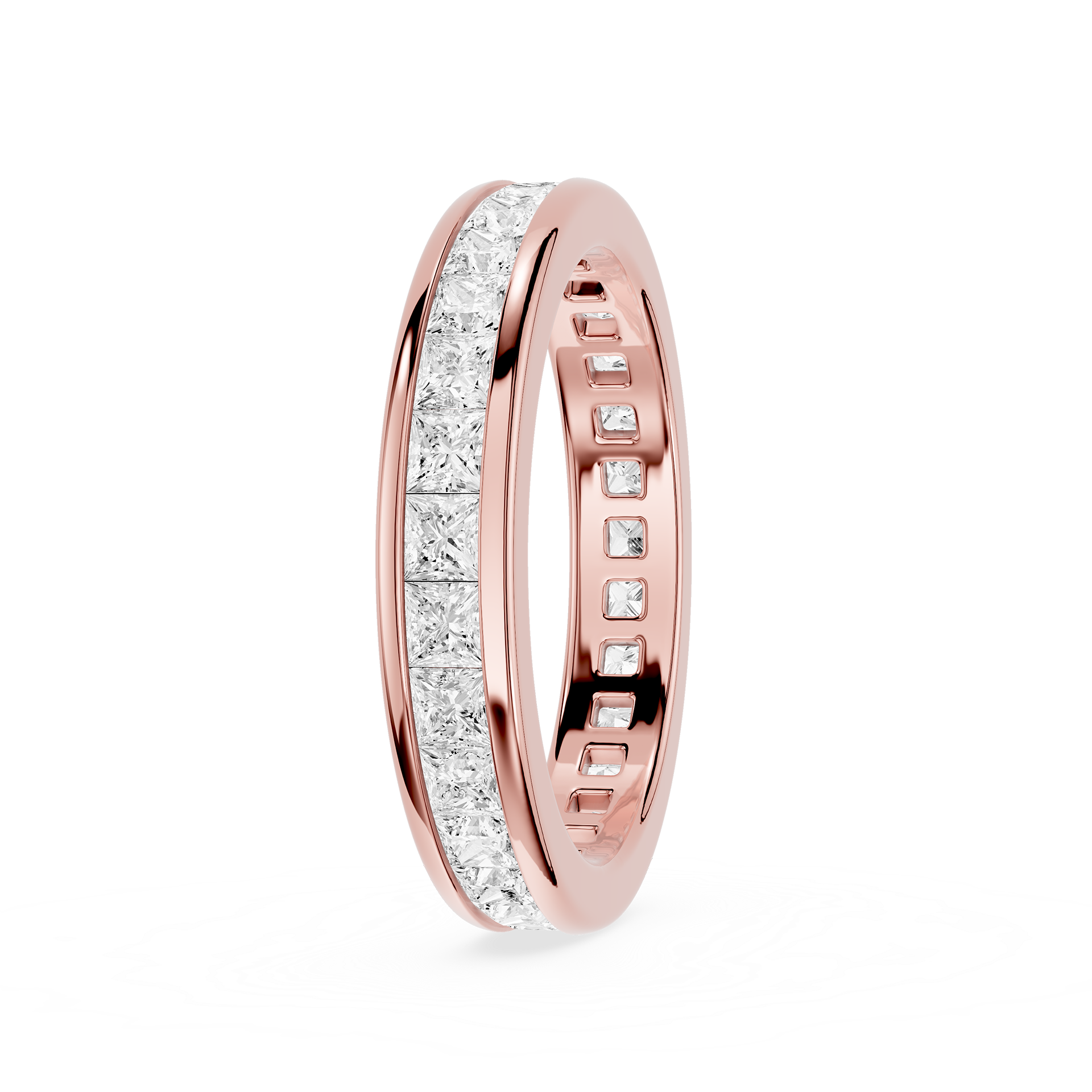 Rose gold ring with diamond accents on a white background