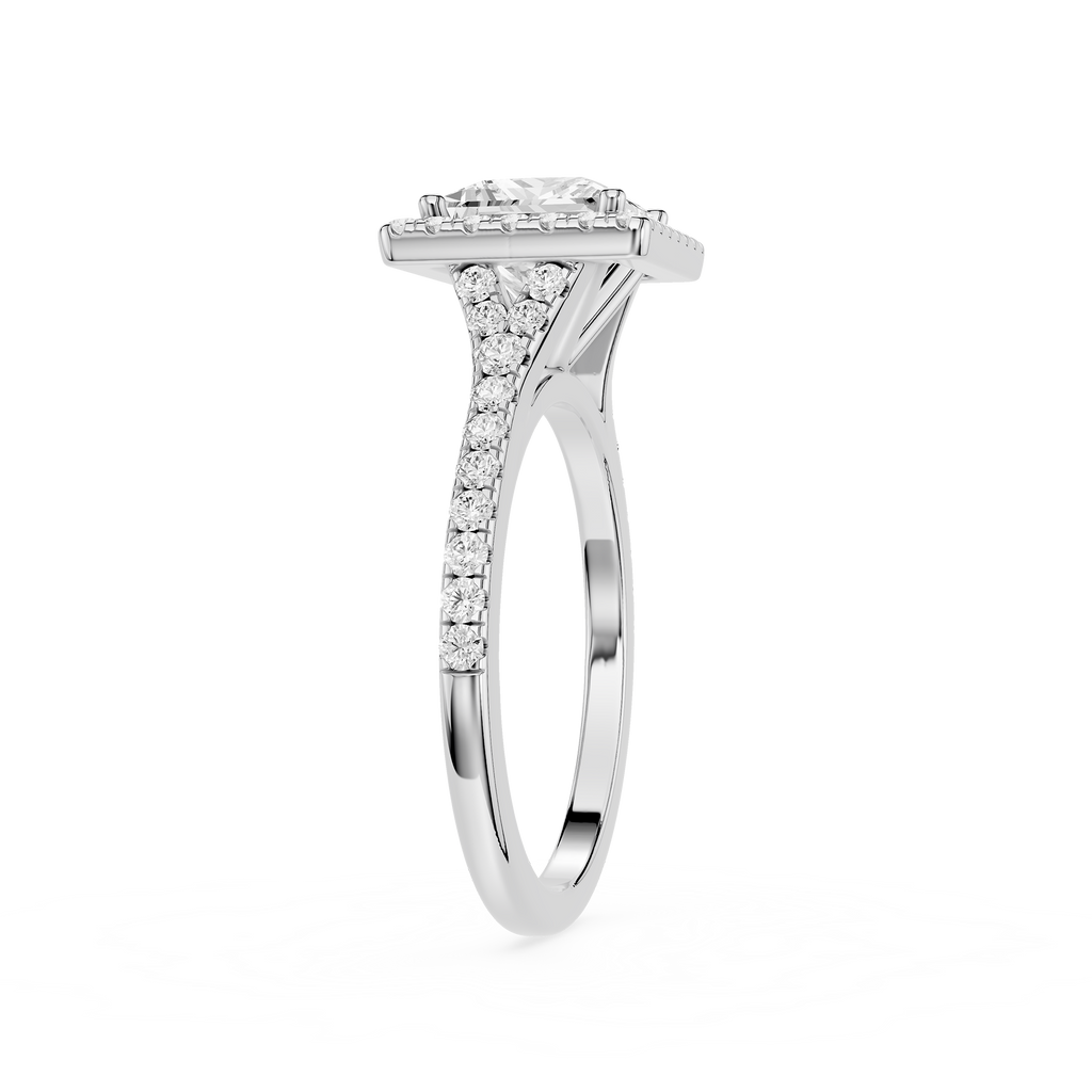 Diamond ring with a white gold band on a white background