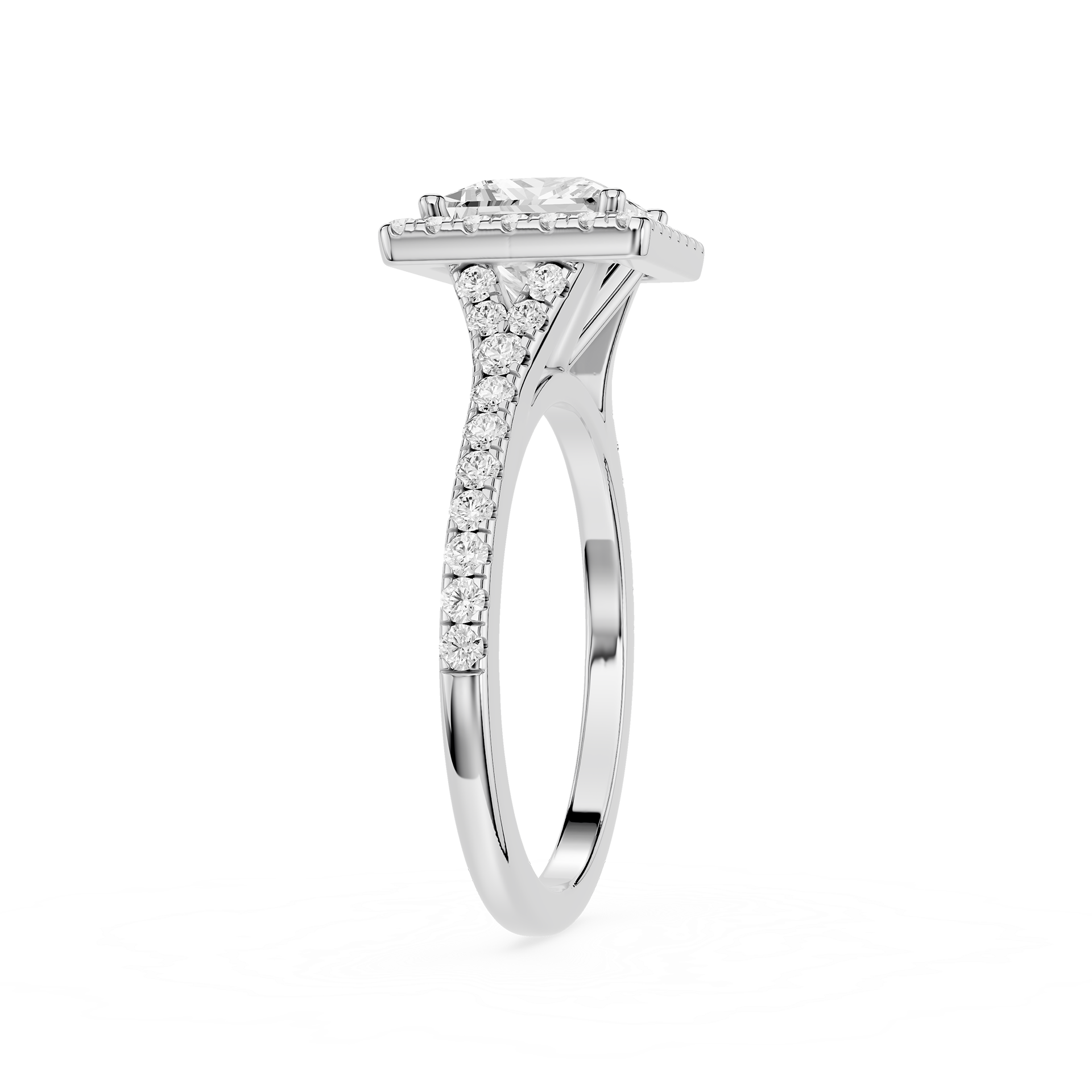 Diamond ring with a white gold band on a white background