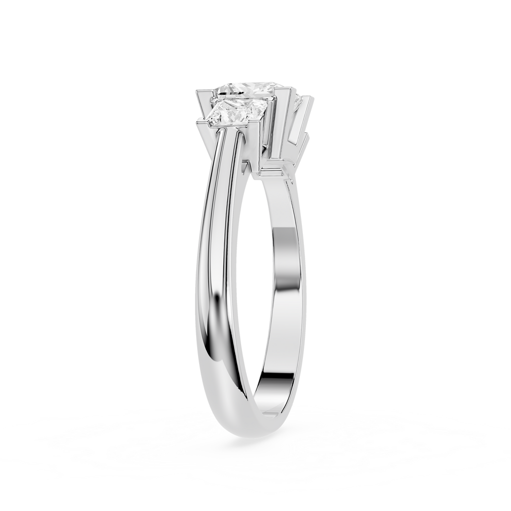Diamond ring with a white gold band on a white background