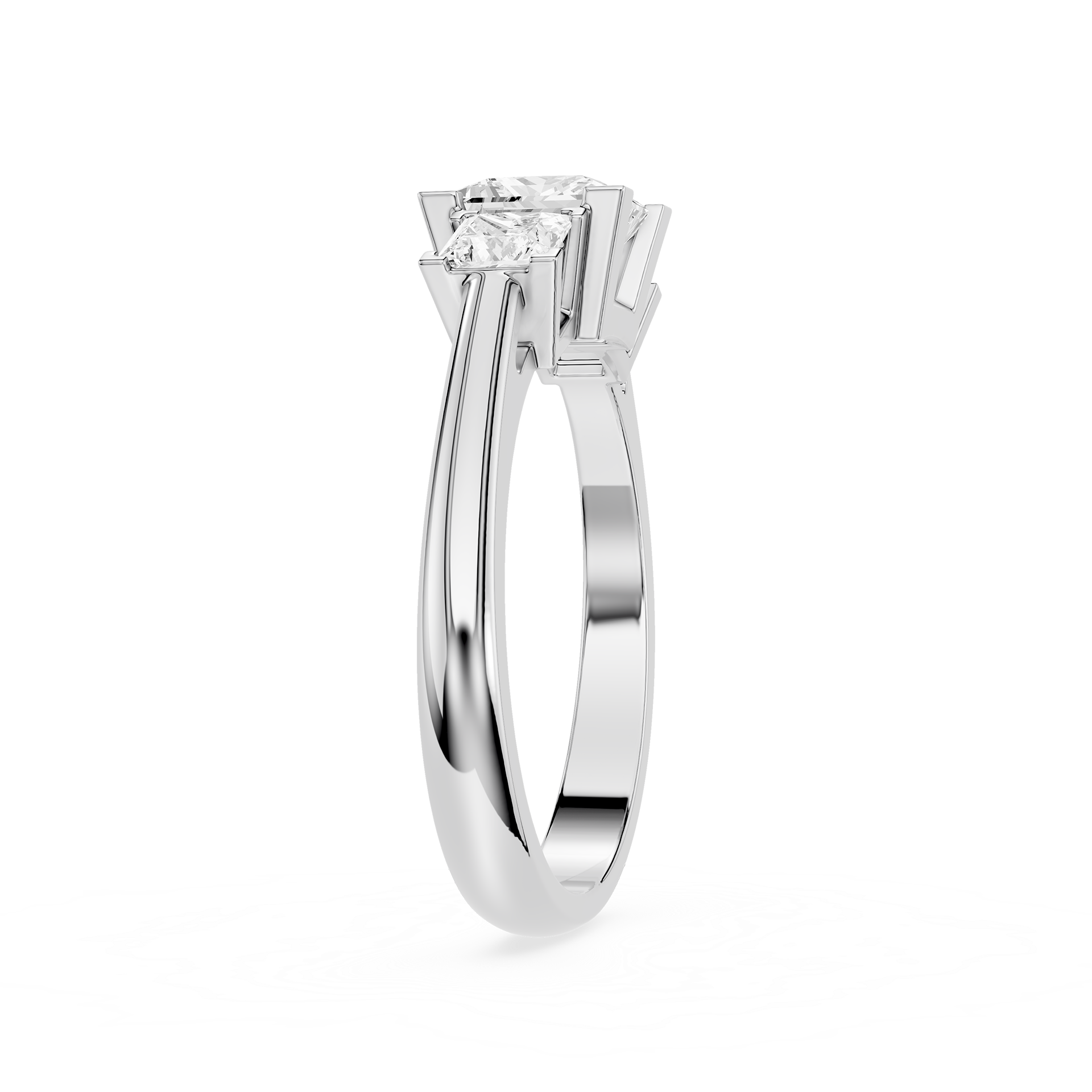 Diamond ring with a white gold band on a white background