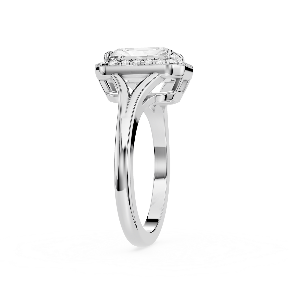 Side view Of White Gold Radiant Cut Lab Diamond Halo Split Shank Engagement Ring