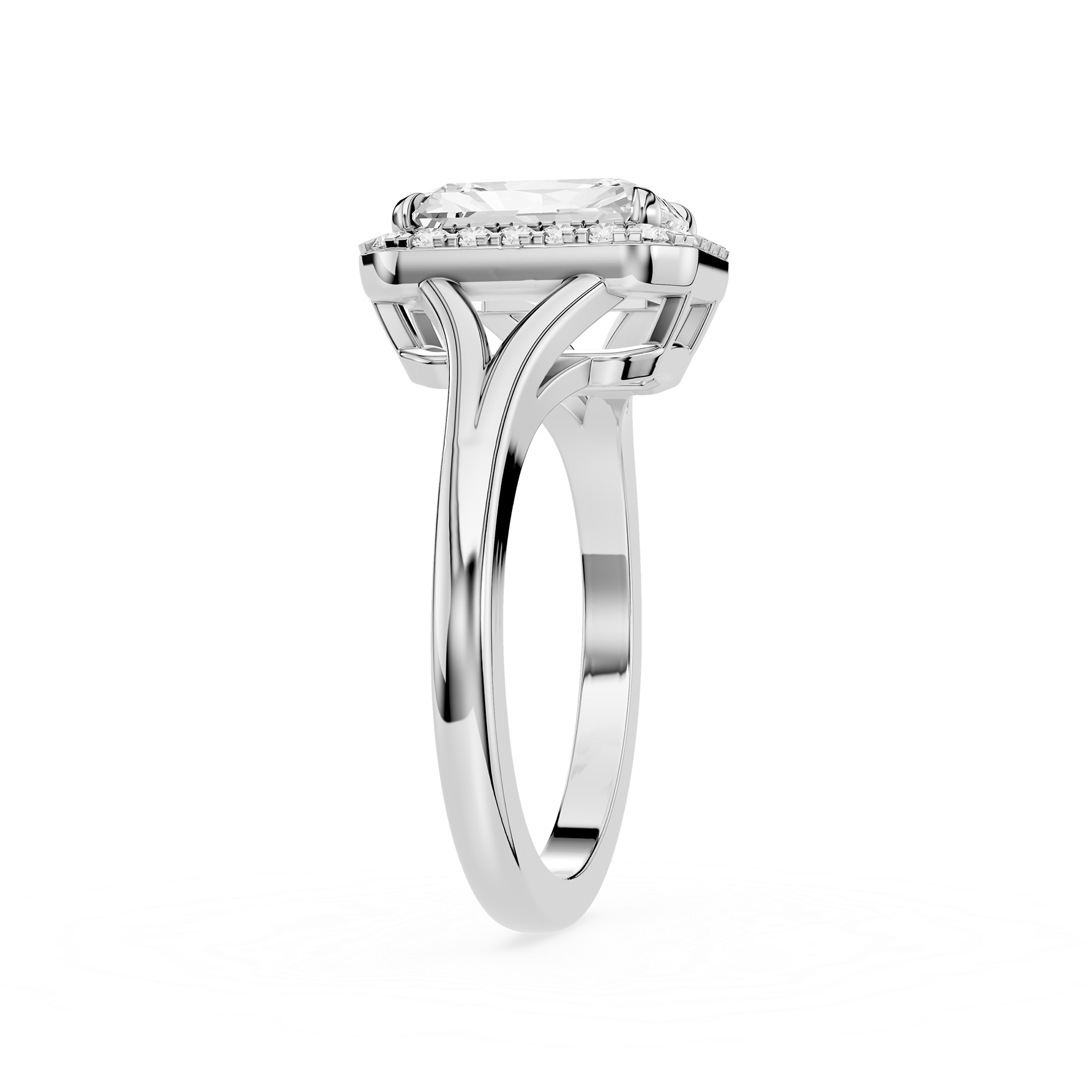 Diamond ring with a white gold band on a white background